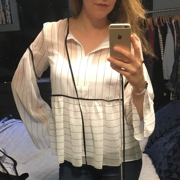 DKNY Sheer Black Striped Tie Front Blouse - Picture 12 of 13